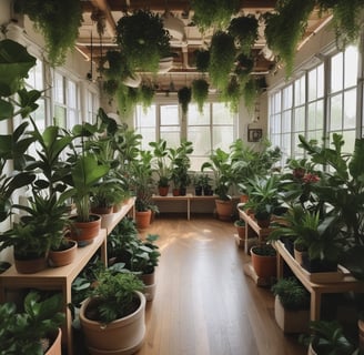 A person wearing white gloves tends to young seedlings in a nursery or laboratory setting, with rows of small plants aligned in trays. The environment is likely controlled, as indicated by the pink lighting.