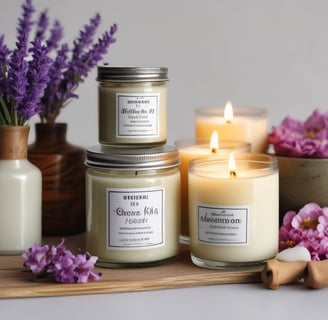 An arrangement of skincare or wellness products placed on a light surface, surrounded by natural elements such as leaves and assorted stones. The products include bottles with pump tops, jars, a spray, and a stick, each with minimalist labels in earthy tones. Dried plant material and small colorful pebbles add a rustic and organic touch.