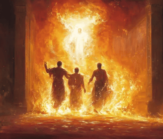 a group of people standing in front of a fire