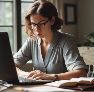 a woman sitting at a desk with a laptop and a notebook