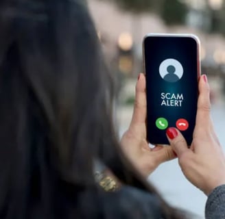 a woman holding a cell phone with a scammy scammy scam