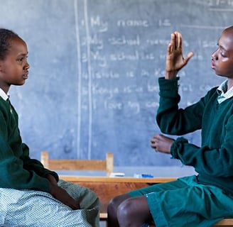 An image of 2 kids signing at each other in a classroom