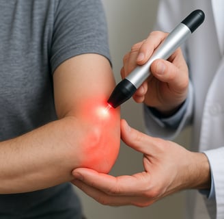 fisioterapeuta fazendo tratamento de laser no braço direito do paciente.