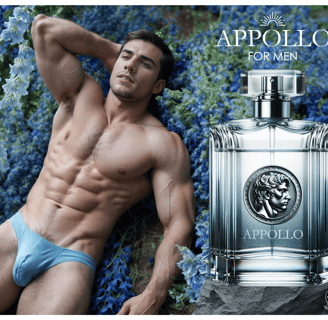 a man in blue underwear laying down on a bed of delphiniums and a cologne bottle next to him.