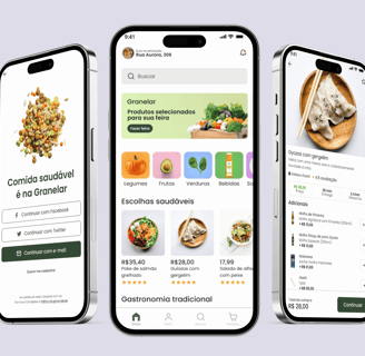 Tres celulares representando as telas de UI design desenvolvida para o  usuário do App Granelar