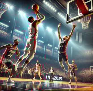 NBA 2k Meta build in action; a sharpshooter hitting a deep three, a defender making clutch steal.