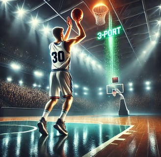 A basketball player wearing a number 30 jersey takes a three-point shot from beyond the arc with per