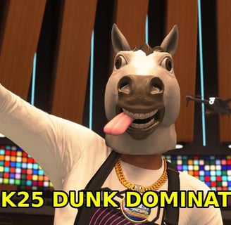 A character in NBA 2K25 wearing a horse mask, a gold chain, and a white long-sleeve shirt, raising a