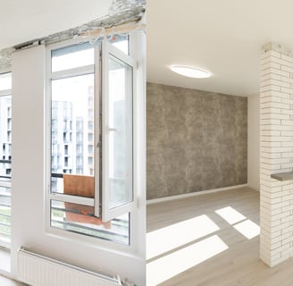 a room with a large window and a chair