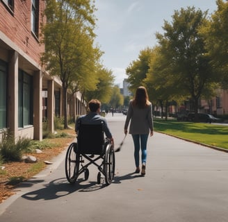 An older adult dressed in orange walks beside a person in a wheelchair on a rural road. The road is lined with trees and buildings. Other people are seen riding motorcycles further ahead.