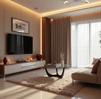 a luxury tv lounge with double curtain velvet curtain at front and shafoon sheer curtain at back