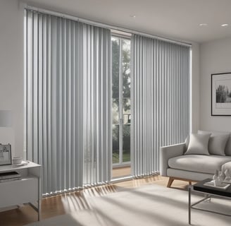 A window with vertical blinds and a single dark curtain partially drawn to the right side. Outside the window, there is a view of dense foliage or trees.