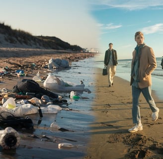 A cinematic shot of a beach with two distinct scenes