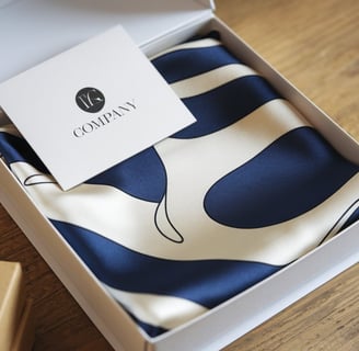 A photo of a white box containing a folded printed silk scarf. The scarf has a blue and white pattern