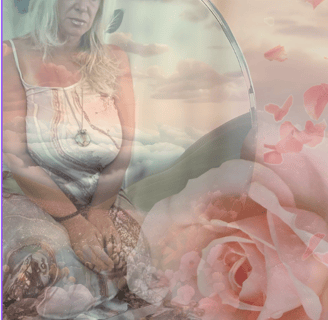 Maryann in IFS reflection with rose petals, mirror, and sky—ritual tarot cards at her feet