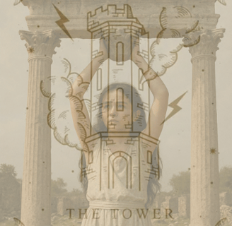 Exile within crumbling pillars and Tower tarot card, symbolizing collapse of safety and erotic fear.