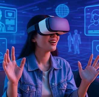 a woman in a blue shirt and jeans jacket with a virtual reality