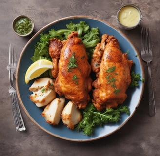 Roasted poultry items, including yellow chickens and brown ducks, are displayed hanging inside a glass case in a food setting. Menu signage and advertisement visuals are visible below the display, with cooking equipment in the background.