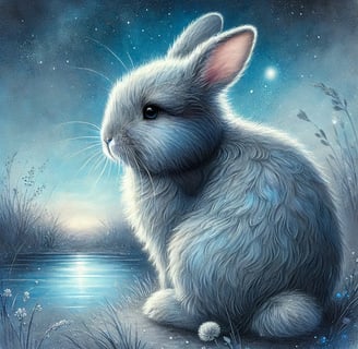 a bluerabbit sitting on a rock in the night