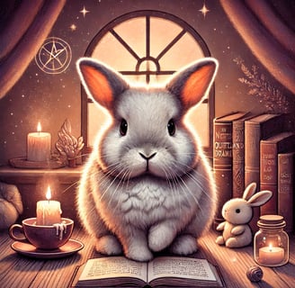 a rabbit sitting on a table with a book