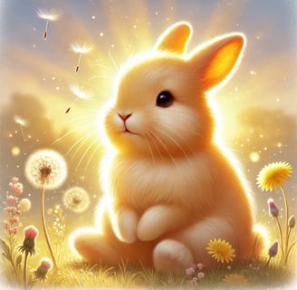 a yellow rabbit sitting on a grassy field