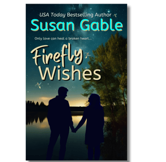 Firefly Wishes Cover - man & woman hold hands, silhoutted against end of sunset over lake, fireflies