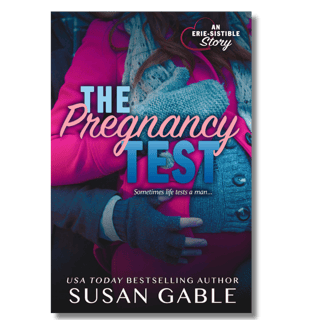 Pregnancy Test cover - pregnant woman in pink winter coat, man cradling her baby bump with hands