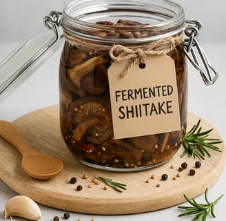 Seta Shitake fermentada en recipiente de vidrio 