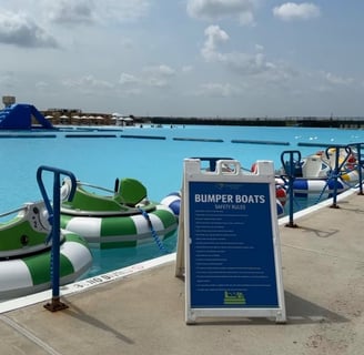 bumper boats in a lagoon pool
