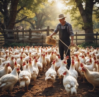 a man in a hat and a hat is holding a bag of chicken