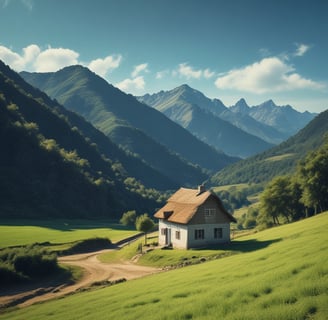 A rustic, stone building with a traditional tiled roof is set in a lush, green landscape. The surrounding area includes dense vegetation, trees, and rolling hills extending into the distance. The atmosphere is serene and idyllic, providing a panoramic view of the countryside with scattered farmhouses and a distant hill range.