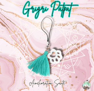 Grigri téléphone en patte de chat blanche avec pompon turquoise