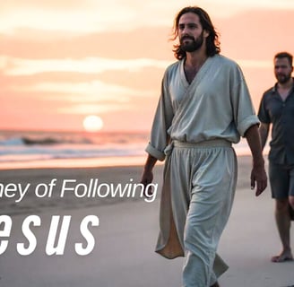 Jesus walking down a beach with a man following him.