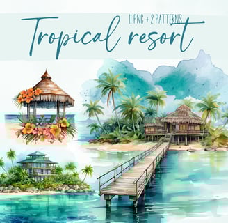 Commercial Use Watercolor Tropical Summer Vacation Resort Clipart