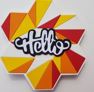 Hexagonal design with red, orange, and yellow triangles surrounding a stylized "hello" in black and 