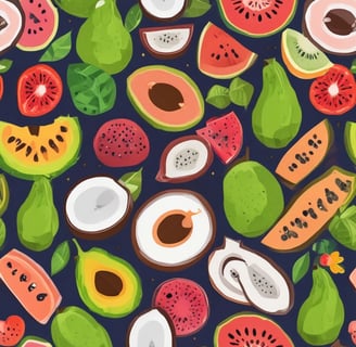 A vibrant and colorful display of various fruits arranged in wicker baskets. The assortment includes bananas, pineapples, oranges, grapes, apples, and other tropical and local fruits. The market setting adds a local and fresh vibe, with the fruits stacked neatly to create appealing patterns and textures.