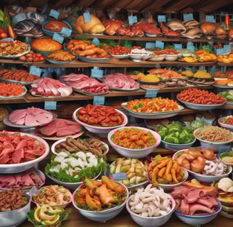 A market stall displays various cuts of raw meat on trays and a wooden block inside a dimly lit warehouse. In the background, a vendor wearing a red apron with a grey shirt is somewhat blurred, possibly preparing or selling the meat.