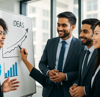 a group of business people standing around a white board board