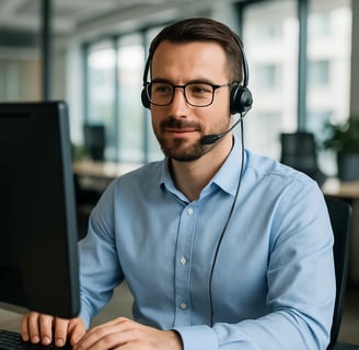 a man in a blue shirt and headphones on a computer