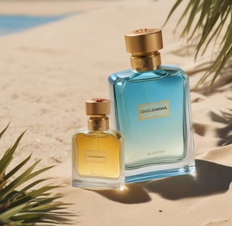 A stylish perfume bottle with a black cap stands elegantly in front of a softly lit background. The liquid inside the bottle appears amber-colored. In the background, delicate blue flowers adorn a fabric-like texture, adding a touch of nature and sophistication. A gold chain accessory is casually draped around the bottle, enhancing the luxurious aesthetic.