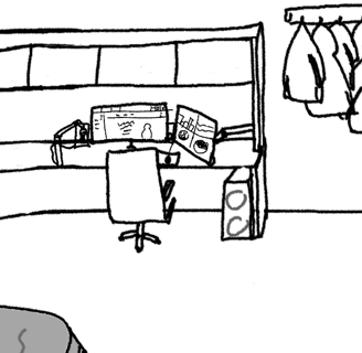a drawing of a bedroom with a bed and a desk