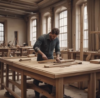 A craftsman meticulously works on a large clay sculpture of a deity inside a dimly lit workshop. The sculpture has intricate details, including flowing hair and a serene facial expression. Wooden scaffolding surrounds the scene, and the craftsman uses a cloth to smooth the surface.
