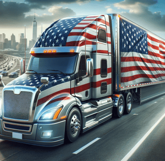 a truck with a large american flag on it