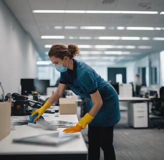 a woman in a blue shirt and yellow gloves cleaning a desk
