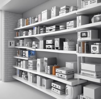 A modern electronics store features a sleek white computer with a large monitor, keyboard, and mouse positioned on a wooden table. The background showcases a wall display of various electronic accessories in white packaging, arranged neatly in rows. The room is illuminated by bright circular ceiling lights, giving a clean and modern ambiance.