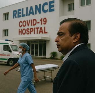 Mukesh Ambani at COVID-19 hospital site with Reliance medical staff and oxygen supply, highlighting 