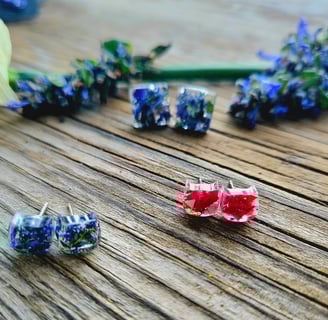 three pairs of our wildflower stud earrings. The two kitties are kids collection with lavender and rose petals. 