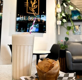 a muffin and an ice latte drink in a restaurant