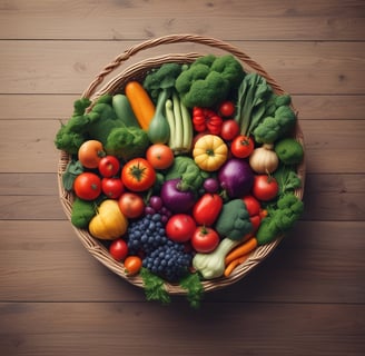 A mesh bag rests on a marble surface, filled with fresh produce and a jar of vegan tzatziki sauce. Inside the bag are cucumbers, greens, a lemon, and a red bell pepper. The jar has a blue label with the brand name 'FABALISH'.