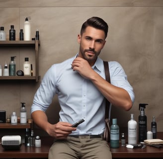 A man in a blue shirt use men products of JoeMax for his grooming & luxury lifestyle